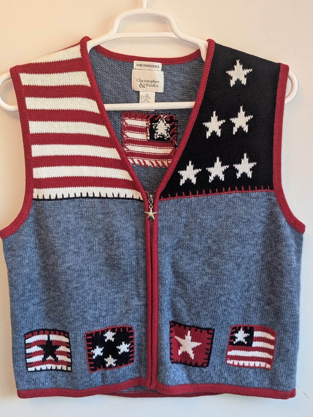 Christopher & Banks Red White Blue Americana Zip Knit Vest Hand Embroidered